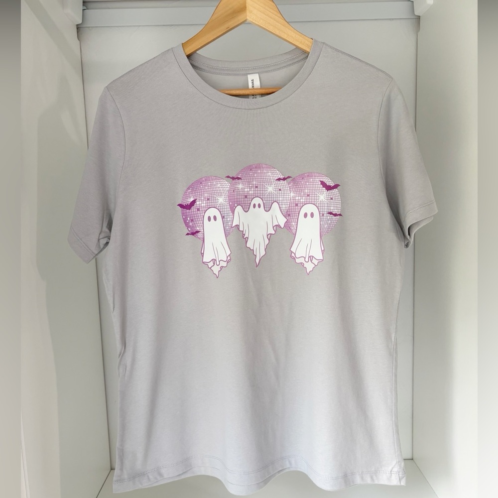 Bella + Canvas NWOT Womens Light Gray Disco Ghost Print T-Shirt Various Sizes